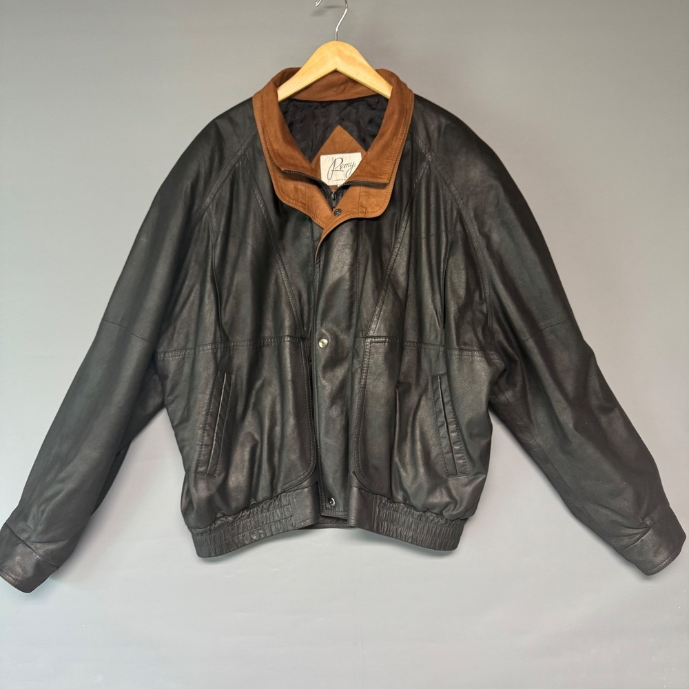 Remy Mens Black Lamb Leather Bomber‎ Jacket Double Collar USA Made 52 Long XXL